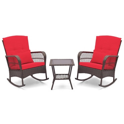 Tangkula 3 Pieces Rocking Bistro Set PE Rattan Rocking Chairs w/ 2-Tier Coffee Table