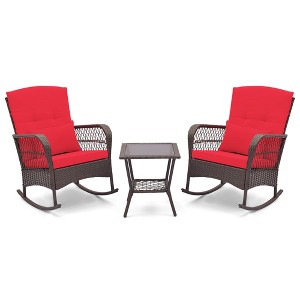 Tangkula 3 Pieces Rocking Bistro Set PE Rattan Rocking Chairs w/ 2-Tier Coffee Table - 1 of 4