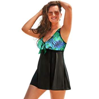 Swimsuits For All Women's Plus Size Square Neck Mesh Cut Out Swimdress -  14, Green : Target