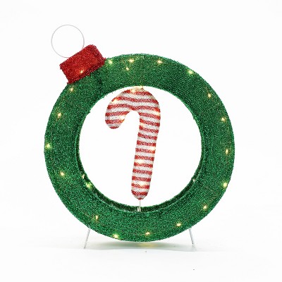 LuxenHome 1.9Ft Tall Ornament and Candy Cane Wreath Outdoor Holiday Decoration with Lights Green