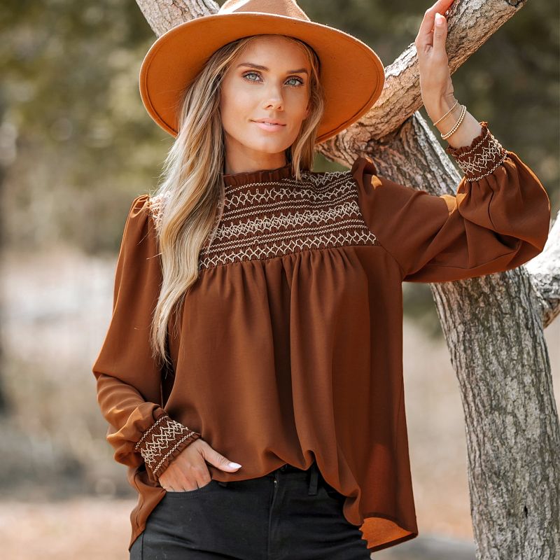 Women's Terra Cotta Embroidered Ruffled Mock Neck Peasant Sleeve Top - Cupshe, 4 of 8