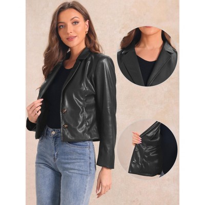 Allegra K Women's Faux Leather Motorcycle Vintage Cropped Blazer Jackets X-Small Black — фото 2