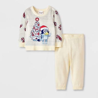Image of Baby Bluey Christmas Tree 2pc Sweater Top and Bottom Set - Ivory Newborn