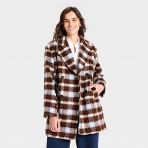 Women's Faux Wool Short Coat - A New Day™ Blue Plaid : Target