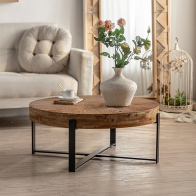 31.29"Modern Retro Splicing Round Coffee Table , Fir Wood Table Top with Cross Legs Metal Base