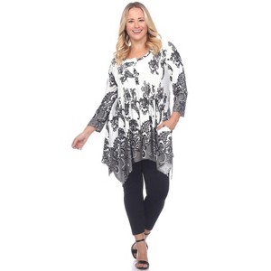 Women's Plus Size Paisley Scoop Neck Tunic Top with Pockets - White Mark - 1 of 3
