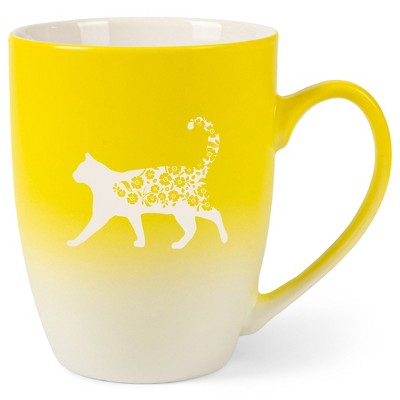 Elanze Designs Cat and Flowers 12 Ounce Ceramic Laser-Etched Engraved Drinkware Mug, Yellow and White Ombre