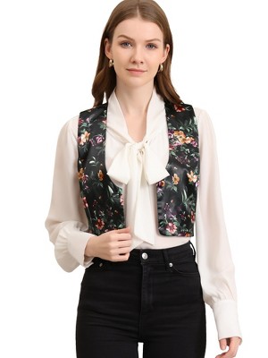 Allegra K Women's Floral Pattern Button Closure Satin Waistcoat Vest