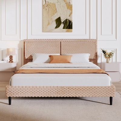 Modern Plush Soft Bed with Headboard,Sturdy Solid Wood Frame Platform Bed with Comfortable Backrest for Bedroom-The Pop Home