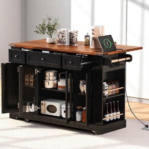 Kitchen Island Cart with Drop Leaf, USB, Glass Doors, 3 Drawers, 5 Storage Shelves, Rolling Cabinet with Lockable Wheels for Dining Room - 1 of 4