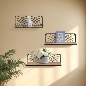 Set of 3 Wall Storage Shelves - Rustic Wood & Metal Floating Shelves with Decorative Iron Frame - Casual Home Style for Living Room, Bedroom, Office - 1 of 4