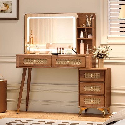 TIRAMISUBEST Vintage Makeup Vanity with Mirror and Lights, Makeup Vanity Desk with 5 Drawers and Storage Shelf, Rattan Drawer Design