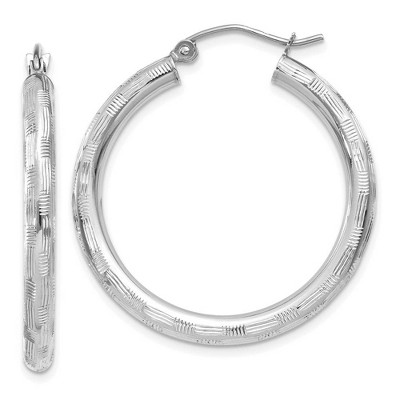 Black Bow Jewelry 3mm x 30mm 14k White Gold Textured Round Hoop Earrings