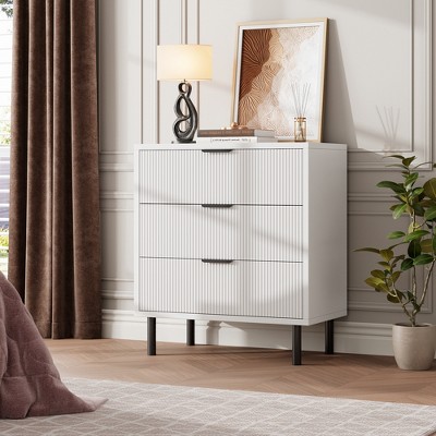 28'' Wide Chest of Drawers, Wave Fluted 3 Drawer Dresser with Anti-Tipping Device, Storage and Metal Legs for Bedroom, Hallway, Small Spaces