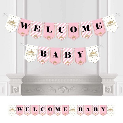 Big Dot of Happiness Little Princess Crown - Pink and Gold Princess Baby Shower Party Bunting Banner - Party Decorations - Welcome Baby