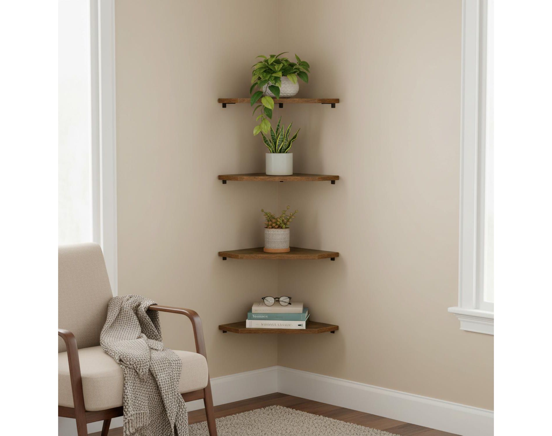 FurnitureR Corner Floating Shelves Set of 4, Pentagonal Wooden Wall Shelf, Rustic Wall Mounted Display Racks for Living Room Bedroom Office Décor