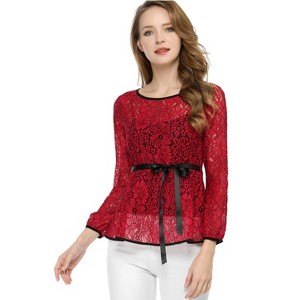 INSPIRE CHIC Women's Semi-Sheer Elegant Tie Waist Long Sleeve Floral Lace Peplum Blouses - 1 of 4