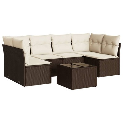 vidaXL 7 Piece Patio Sofa Set with Cushions - Brown and Cream With Table
