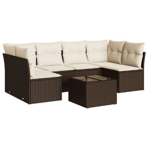 vidaXL 7 Piece Patio Sofa Set with Cushions - Brown and Cream With Table - 1 of 4