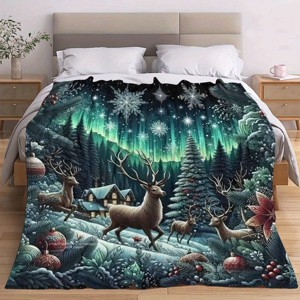 Lomsoe Christmas Reindeer Forest Print Flannel Blanket - All Seasons Soft and Warm Throw Blanket for Bed, Napping, Camping, Travel, Office - 1 of 4