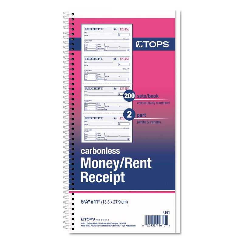 TOPS Money/Rent Receipt Spiral Book 2-3/4 x 4 3/4 2-Part Carbonless 200 Sets/Book 4161, 3 of 4