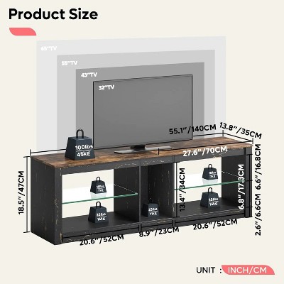 Black Marble 63-inch TV Stand with LED Lights and Glass Shelves