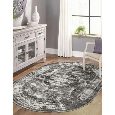 Gray Oval Stain-Resistant Synthetic Area Rug