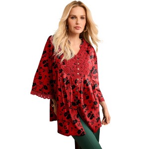 Roaman's Plus Size Juliet Lace Trim Button-Down Shirt - 1 of 4