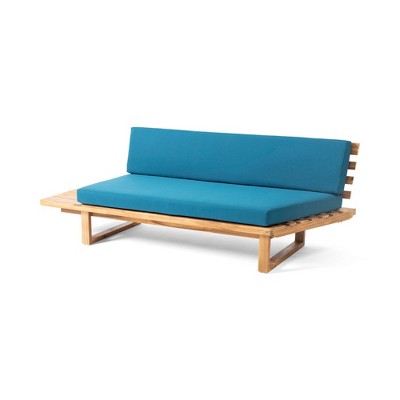 Modern Futon Sofa, Acacia Wood Upholstered Futon Couch, Non-porous Water-resistant Loveseat Sofa