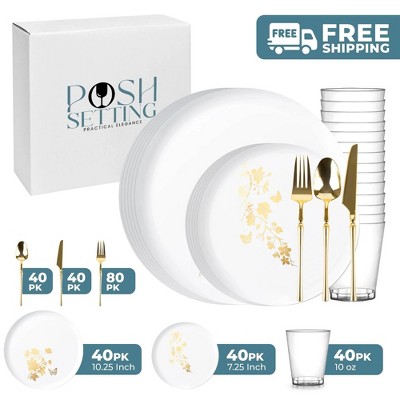 Posh Setting 280 Piece White And Gold Plastic Party Bundle - Garden Edge (40 Settings)