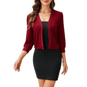 Women's Cropped Open-Front Cardigan - 3/4 Lantern Sleeve Bolero Shrug with Puff Shoulders for Layering - 1 of 4