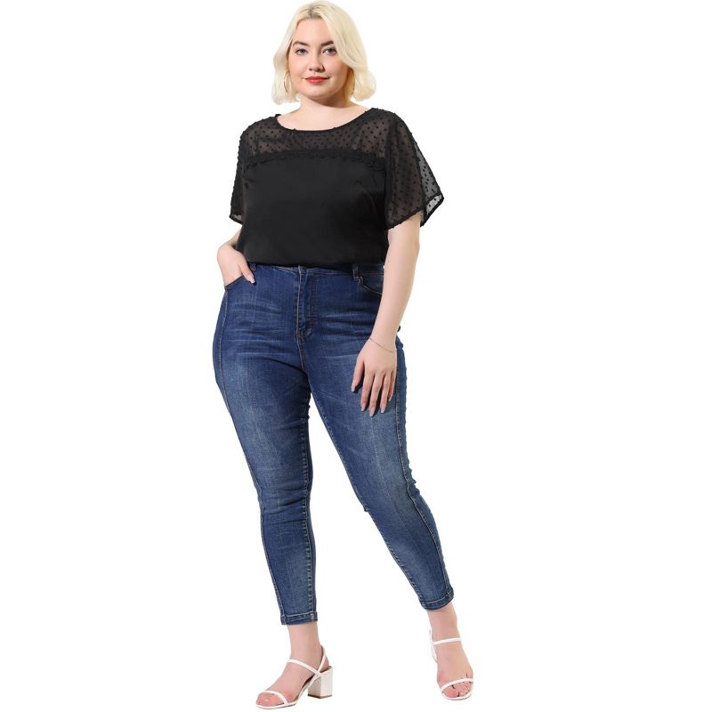 Agnes Orinda Women's Plus Size Contrast Panel Dots Lace Summer Short Sleeve Blouses, 3 of 7