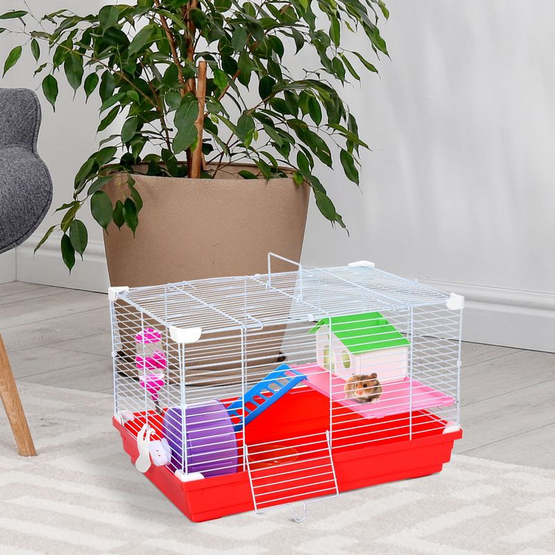 PawHut 18.5" Hamster Cage with Exercise Wheel and Water Bottle Dishes, Rat House and Habitats 2-Story Design, Red, 2 of 7