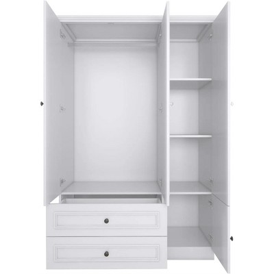 Dracelo  Wardrobe Closet Wooden with 3 Doors, Hanging Rods, 2 Drawers