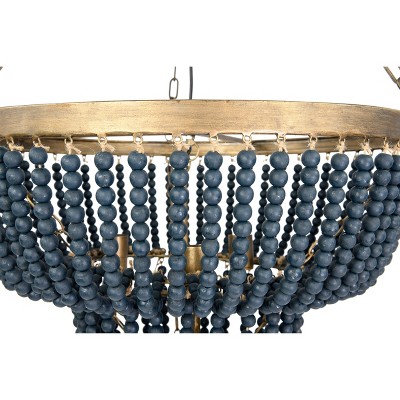 Blue Wood Bead 2-Tier Chandelier with Brass Accents