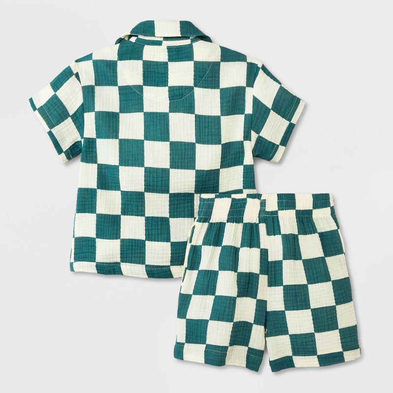 Grayson Mini Toddler Boys' Short Sleeve Checkered Button-Down Shorts Set - Green, 2 of 9