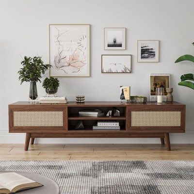 MOEPISY Rattan TV Stand for TVs, Wood TV Stand Mid Century Modern TV Stand TV Media Console with Drawer and 2 Cabinets