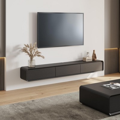 POVISON Fully Assembled Modern Floating TV Stand for TVs up to 65",79" Wall-Mounted Entertainment Center with 3 Flip-Down Cabinet Doors,Black