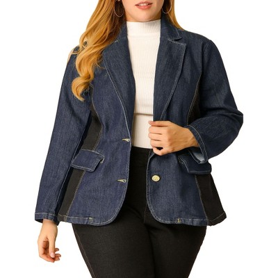 Agnes Orinda Women's Plus Size Denim Notched Lapel Color Block Stretch Blazers