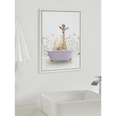 Giraffe in Spring Bath Framed Canvas Wall Art, 18x24, White