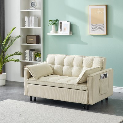 XIYUYEU 3 in 1 Convertible Sofa Bed, Corduroy Loveseat Sofa, Futon Sofa Couch Pullout Bed, Couches for Living Room with Toss Pillow, Pocket, Beige