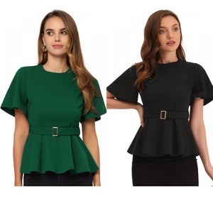 INSPIRE CHIC Women's Round Neck Flutter Sleeve Belted Waist Office Peplum Blouse 2 Packs - 1 of 4