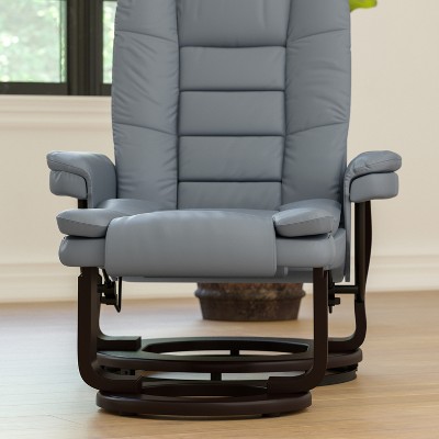 Gray Faux Leather Swivel Recliner with Ottoman and Wood Base