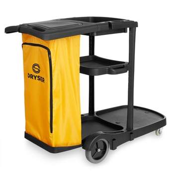 Dryser Commercial Janitorial Cleaning Cart on Wheels - Housekeeping Caddy with Shelves and Vinyl Bag - Black
