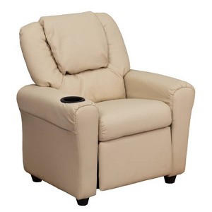 Contemporary Kids Recliner with Cup Holder and Headrest Vinyl Beige - Riverstone Furniture
