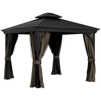 Outsunny Patio Gazebo, Netting & Curtains, 2 Tier Double Vented Steel Roof, Hardtop, Ceiling Hooks, Rust Proof Aluminum