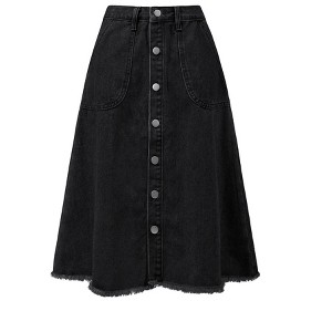 INSPIRE CHIC Women's Raw Hem Single Breasted Button Down A-Line Midi Jeans Skirt - 1 of 4