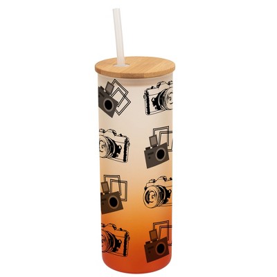 Elanze Designs Vintage Polaroid Cameras Photography Wrap-Around Design 25 Ounce Frosted Gradient Glass On-The-Go Coffee Travel Skinny Tumbler Mug Cup,