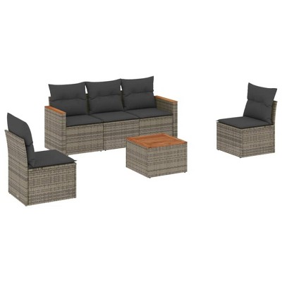 vidaXL 6 Piece Patio Sofa Set with Cushions Gray Poly Rattan - Gray With table