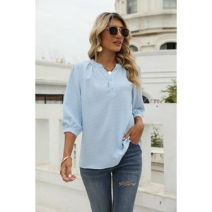Women's Casual 3/4 Sleeve Henley V-Neck Button Up Pleated Back Blouses Swiss Dot Blouse Tops T-Shirts - 1 of 4